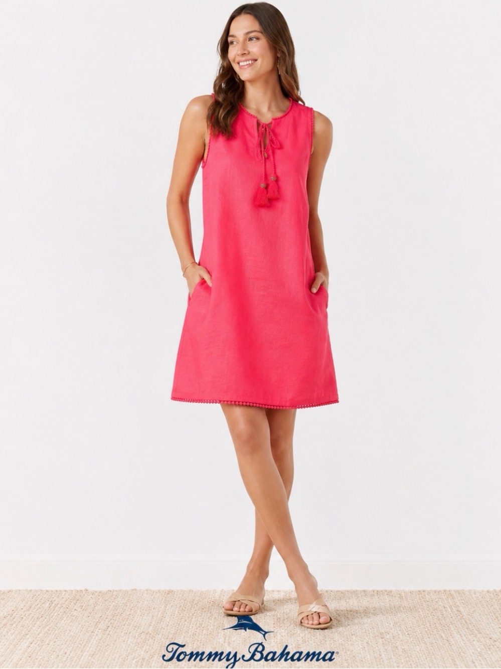 Tommy Bahama Coral Pink Linen Shift Dress Tassel Pom Trim Pockets XS Vacation
